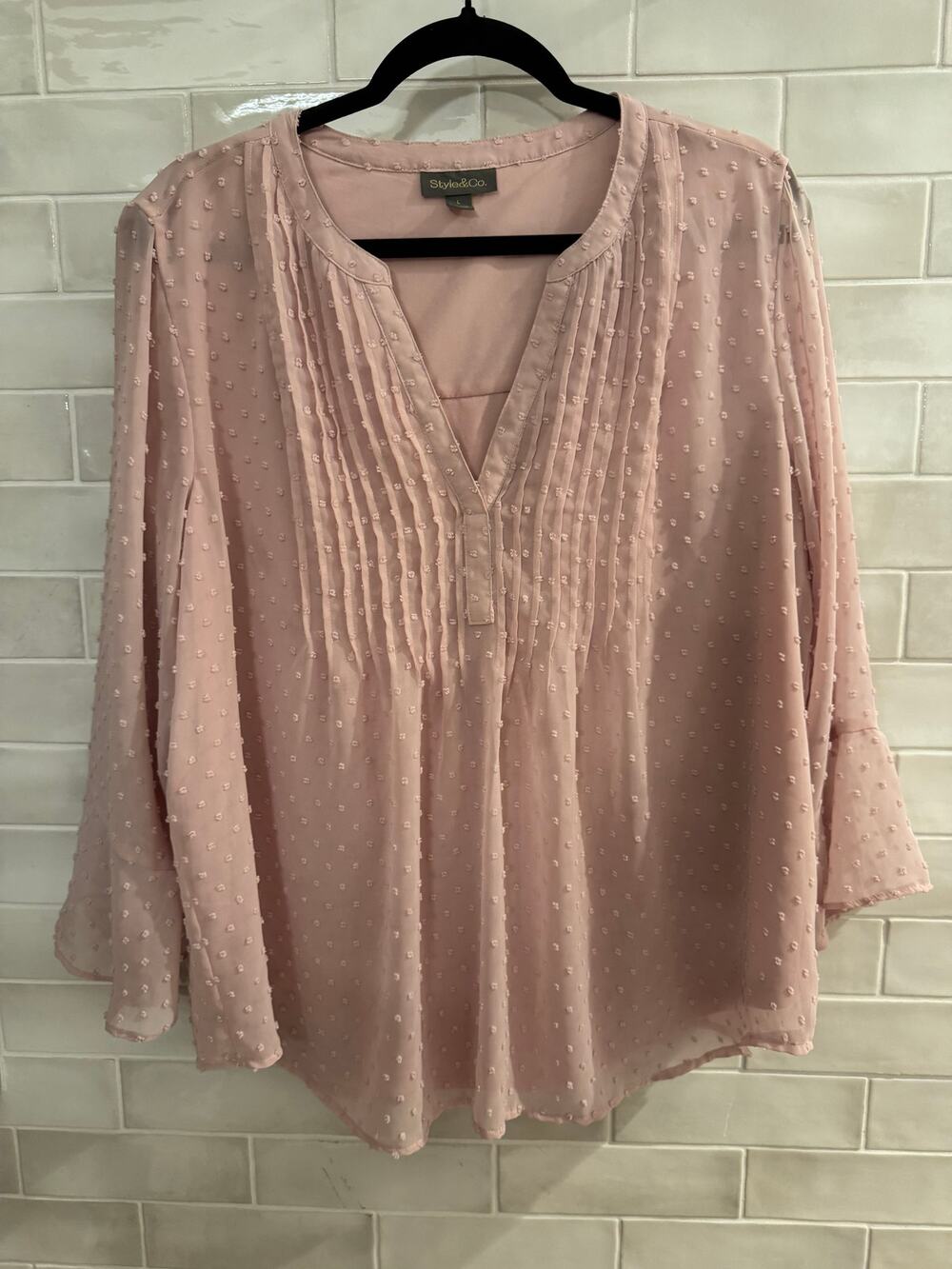 Style & Co Large Light Pink Blouse Sheer Dot Long Sleeve Pintuck Front